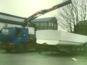 Removal of fibre glass boat from mould at Lockwood, Huddersfield